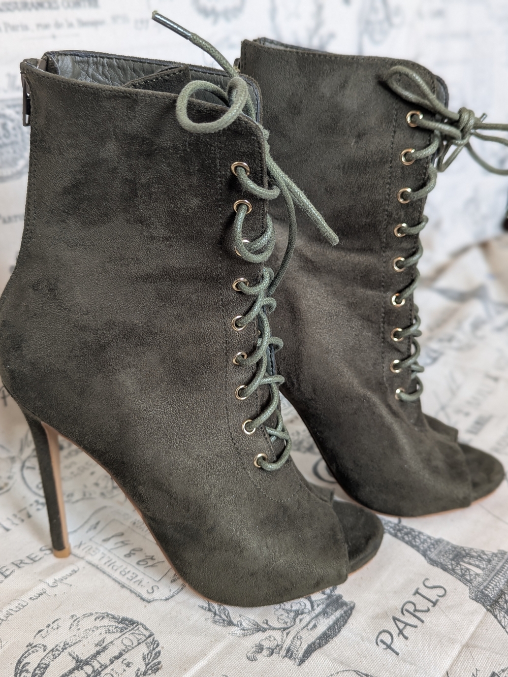 Women’s Lace-Up Peep-Toe Stiletto Heeled Boot in Olive Green Size 6